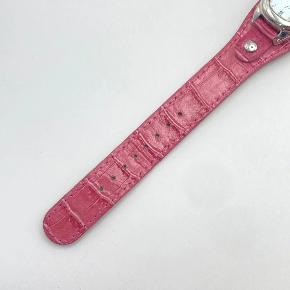 Fossil F2 Women's Watch 23mm Silver Tone Date Pink Leather Cuff MOP New Battery